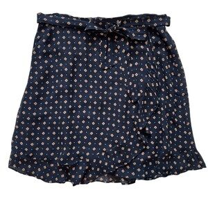 By Anthropologie Faux Wrap Navy Blue Aztec Geometric Pull On Elastic Skirt‎ SZ L